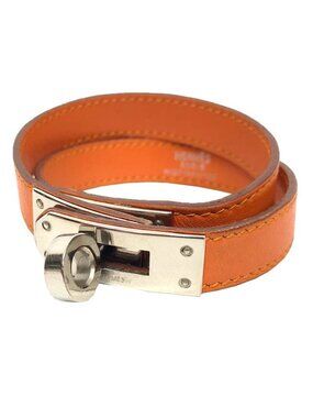 Hermes Leather Bracelet Tall Orange Silver